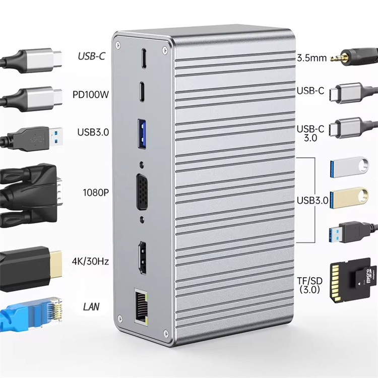 Док-станція USB Type-C 13 у 1 з HDMI, VGA, PD, Ethernet, Audio, SD/TF