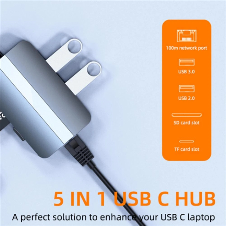 Док-станція USB Type-C  у  RJ45 100Mbps, USB 3.0, USB 2.0, TF/SD