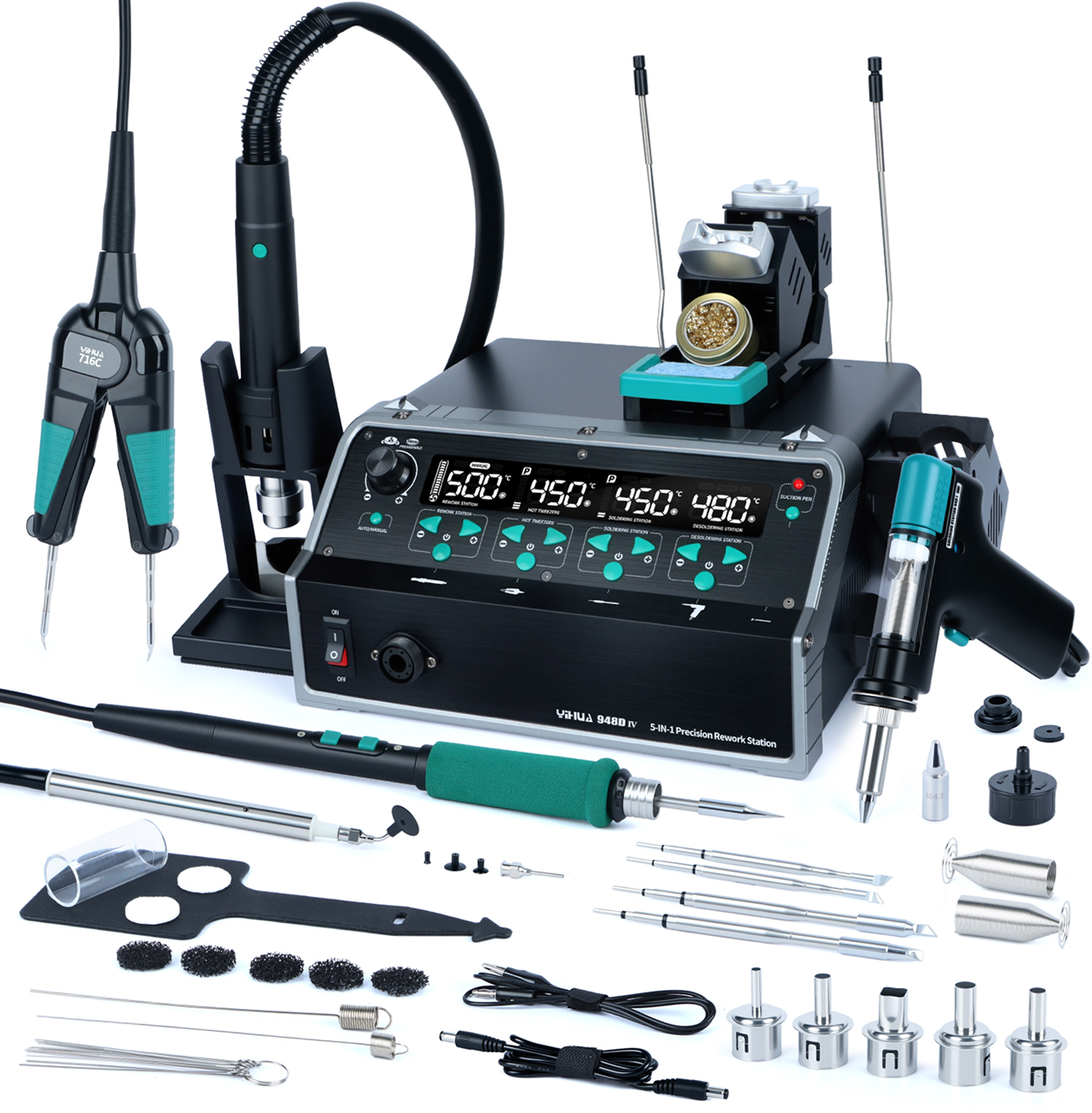 Багатофункційна 5-в-1 паяльна станція з феном, паяльником, вакуумним паяльником, термопінцетом та вакуумною присоскою