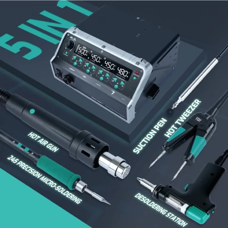 Багатофункційна 5-в-1 паяльна станція з феном, паяльником, вакуумним паяльником, термопінцетом та вакуумною присоскою