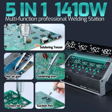 Багатофункційна 5-в-1 паяльна станція з феном, паяльником, вакуумним паяльником, термопінцетом та вакуумною присоскою