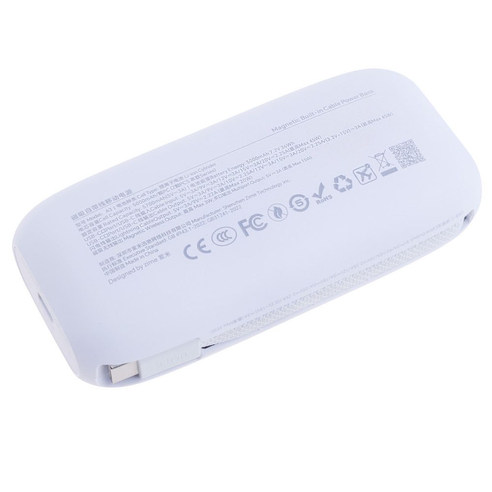 Power Bank A3 10000mAh 36Wh, 5700mAh @ 5V/3A 45W max White, zime