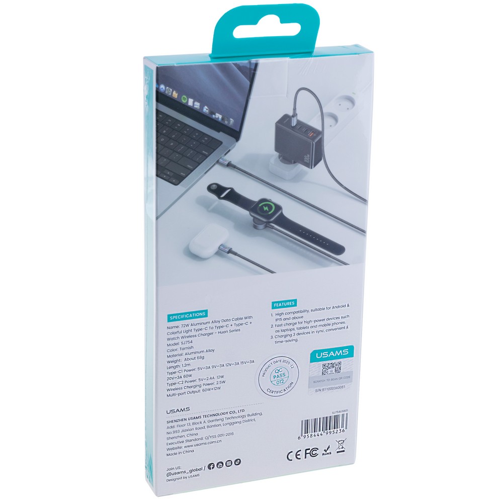 SJ754 72W Aluminum Alloy Data Cable With Colorful Light Type-C To Type-C + Type-C + Watch Wireless Charger - Huan Series (SJ754USB01 Tarnish – USAMS) SJ754 72W Aluminum Alloy Data Cable With Colorful Light Type-C To Type-C + Type-C + Watch Wireless Charger - Huan Series (SJ754USB01 Tarnish – USAMS)