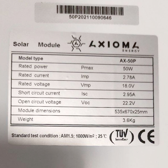 Сонячна батарея 50Вт/12В (полікристалічна), AXIOMA energy