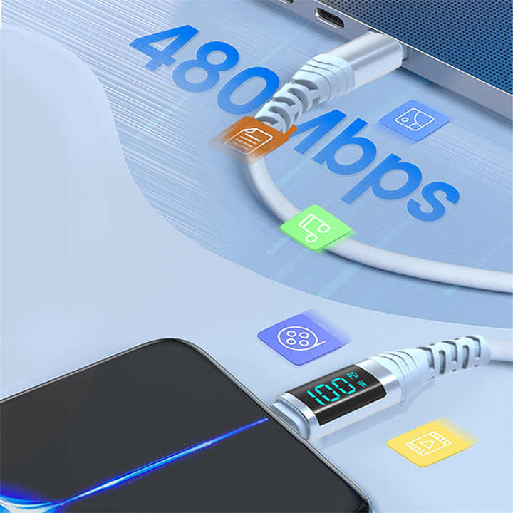 Провід синій з індикатором USB type-C male PD100W 2m