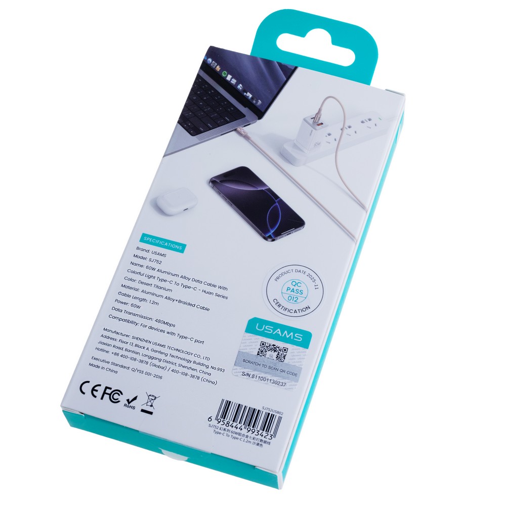 SJ752 60W Aluminum Alloy Data Cable With Colorful Light Type-C To Type-C 1.2m - Huan Series (SJ752USB02 Titanium – USAMS) SJ752 60W Aluminum Alloy Data Cable With Colorful Light Type-C To Type-C 1.2m - Huan Series (SJ752USB02 Titanium – USAMS)