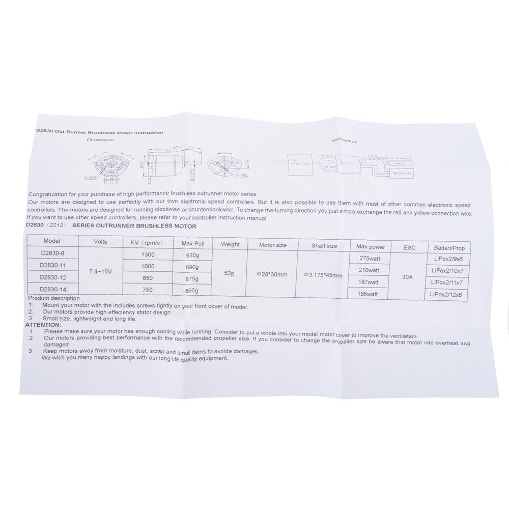 Двигун безколекторний D2830-8 1300RPM/V 275W 2-4S 30A
