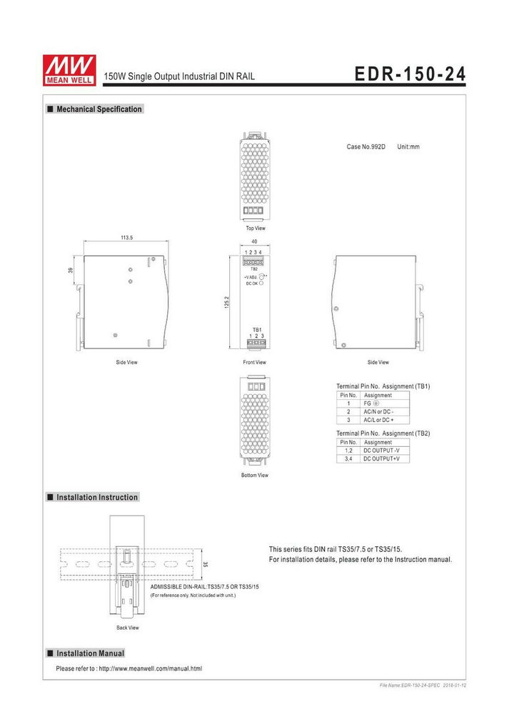 Блок живлення на DIN-рейку 150W 24V EDR-150-24