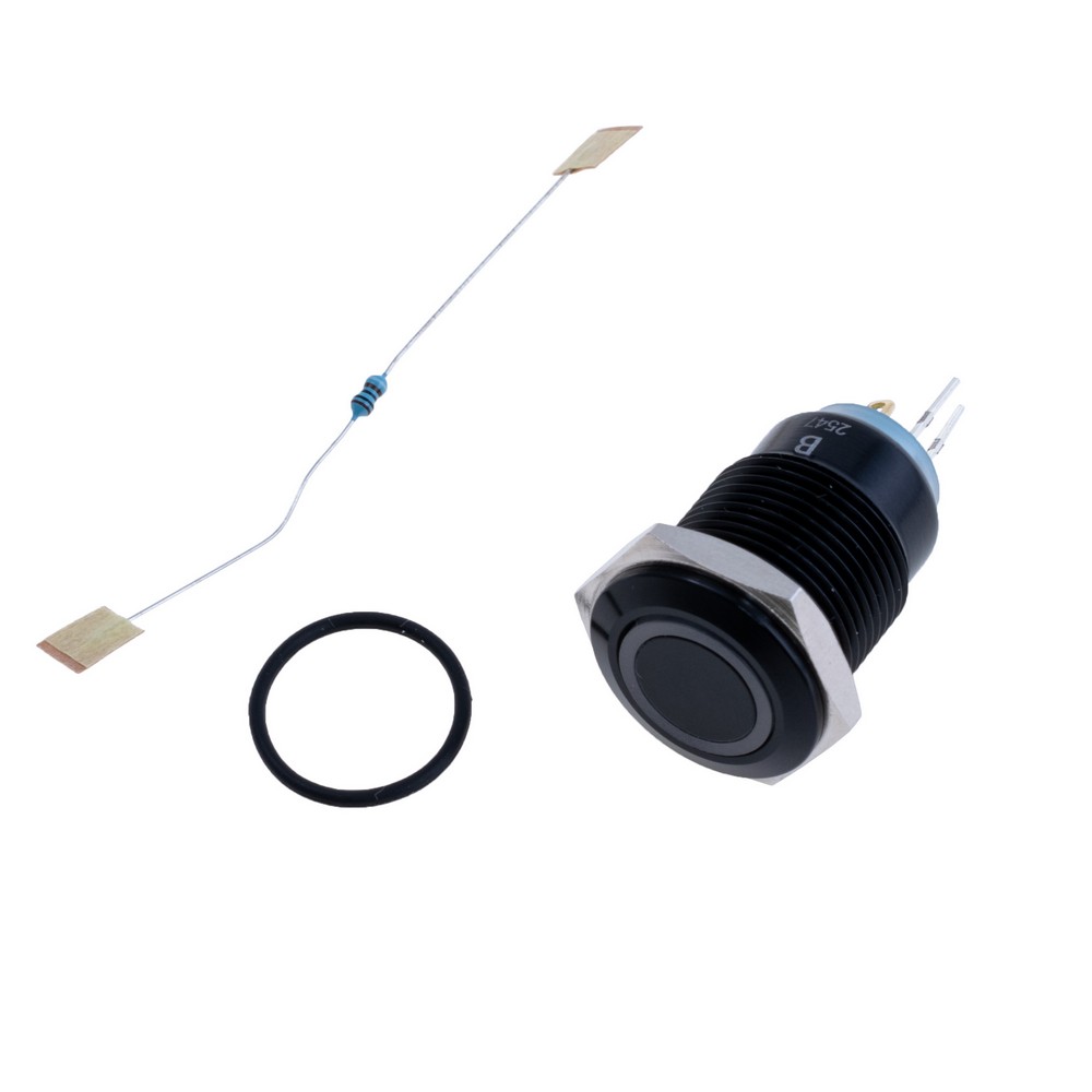 Кнопка антивандальна з фіксацією, чорна, синє підсвічування 12V через резистор, GQ16F-10EL/A