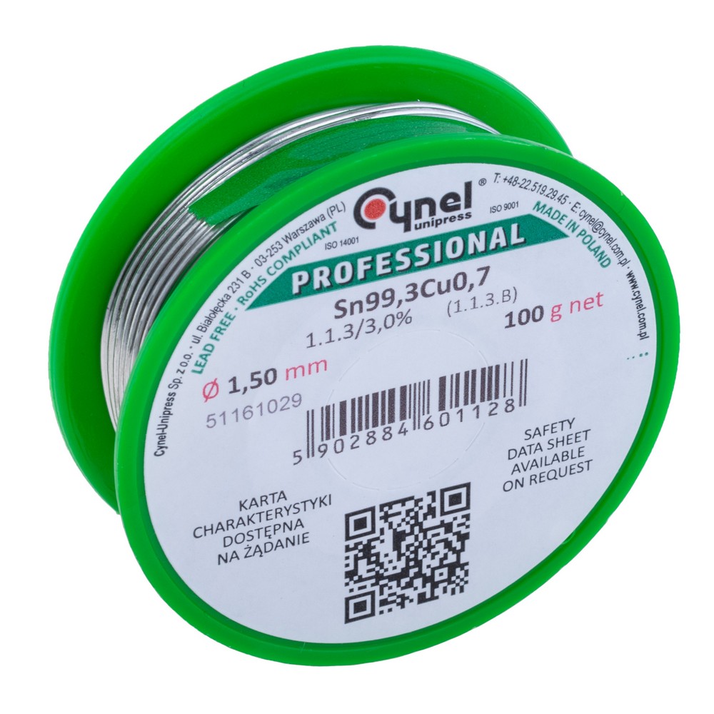 Дротяний припій, 1.5mm, 100g, з флюсом, безсвинцевий, CYNEL Sn99,3Cu07-1.1.3/3.0% Ø1.5, 100g Дротяний припій, 1.5mm, 100g, з флюсом, безсвинцевий, CYNEL Sn99,3Cu07-1.1.3/3.0% Ø1.5, 100g