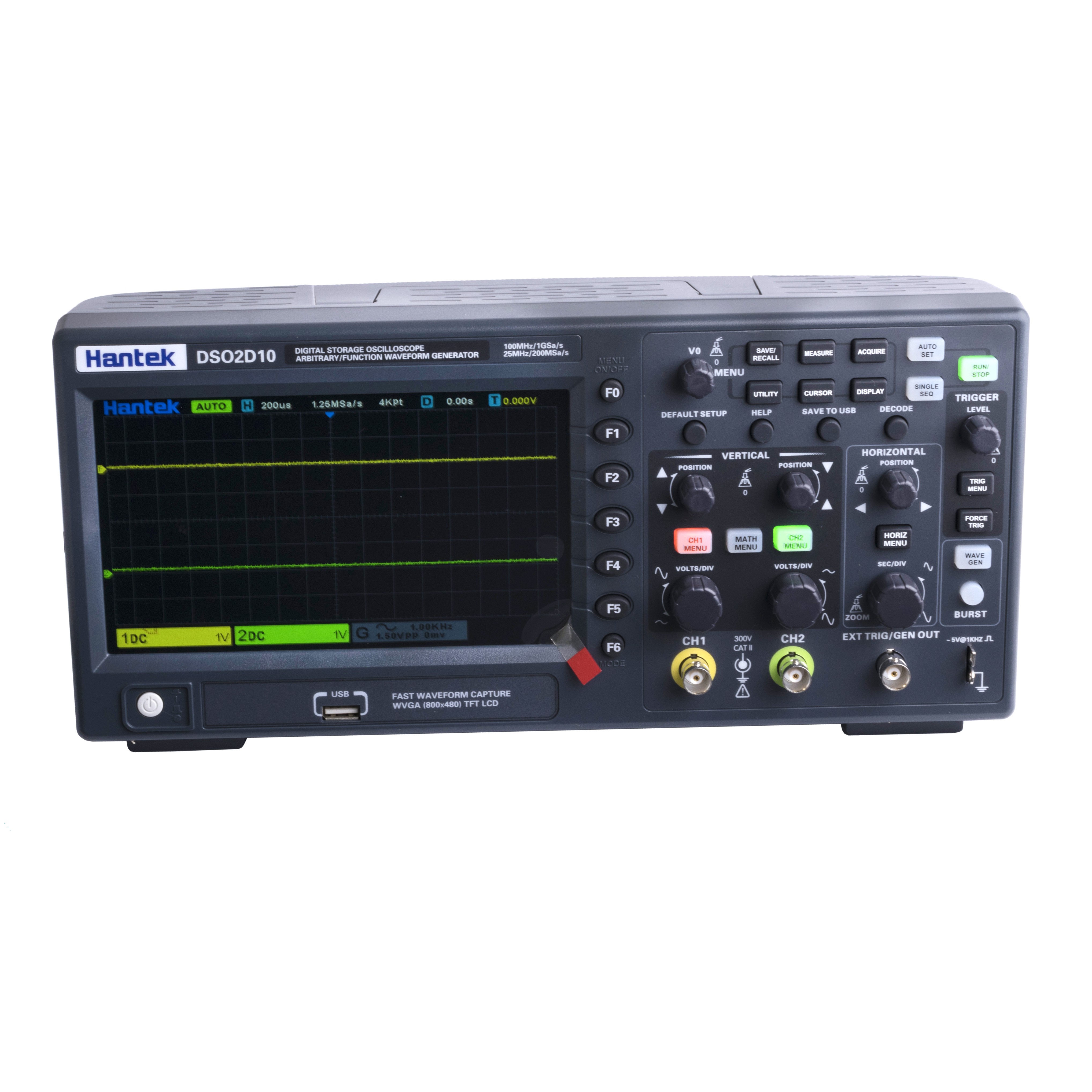 Цифровий осцилограф Hantek DSO2D10 (2ch DSO + 1ch generator + External trigger, 100MHz, 1GSa / s (single ch) or 500MSa / s (two ch)) Цифровий осцилограф Hantek DSO2D10 (2ch DSO + 1ch generator + External trigger, 100MHz, 1GSa / s (single ch) or 500MSa / s (two ch))