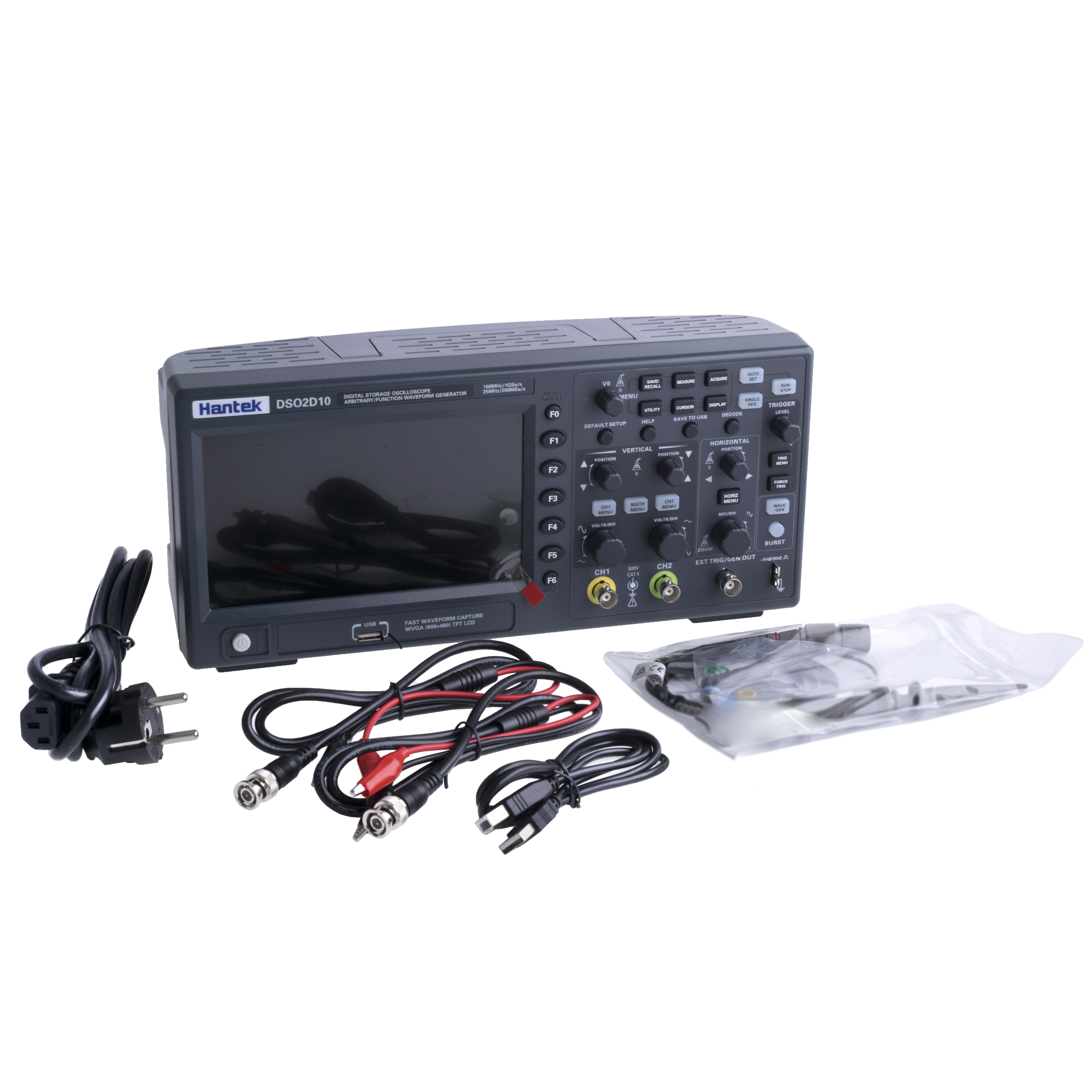 Цифровий осцилограф Hantek DSO2D10 (2ch DSO + 1ch generator + External trigger, 100MHz, 1GSa / s (single ch) or 500MSa / s (two ch)) Цифровий осцилограф Hantek DSO2D10 (2ch DSO + 1ch generator + External trigger, 100MHz, 1GSa / s (single ch) or 500MSa / s (two ch))