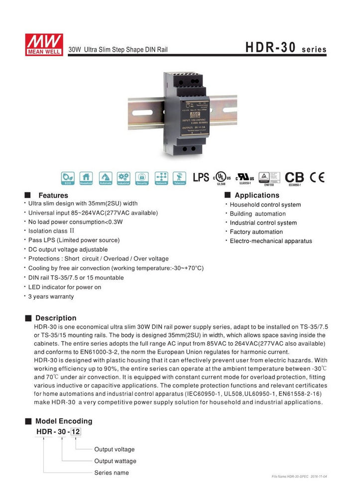 Блок живлення на DIN-рейку 15W 5V HDR-30-5