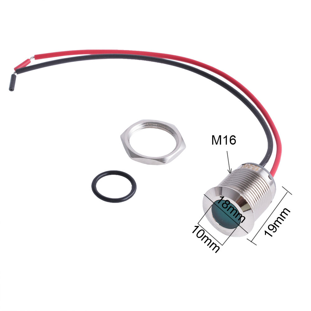 Індикаторна лампа 16 mm водонепроникна з зеленим підсвічуванням 12 VDC. Довжина 19мм