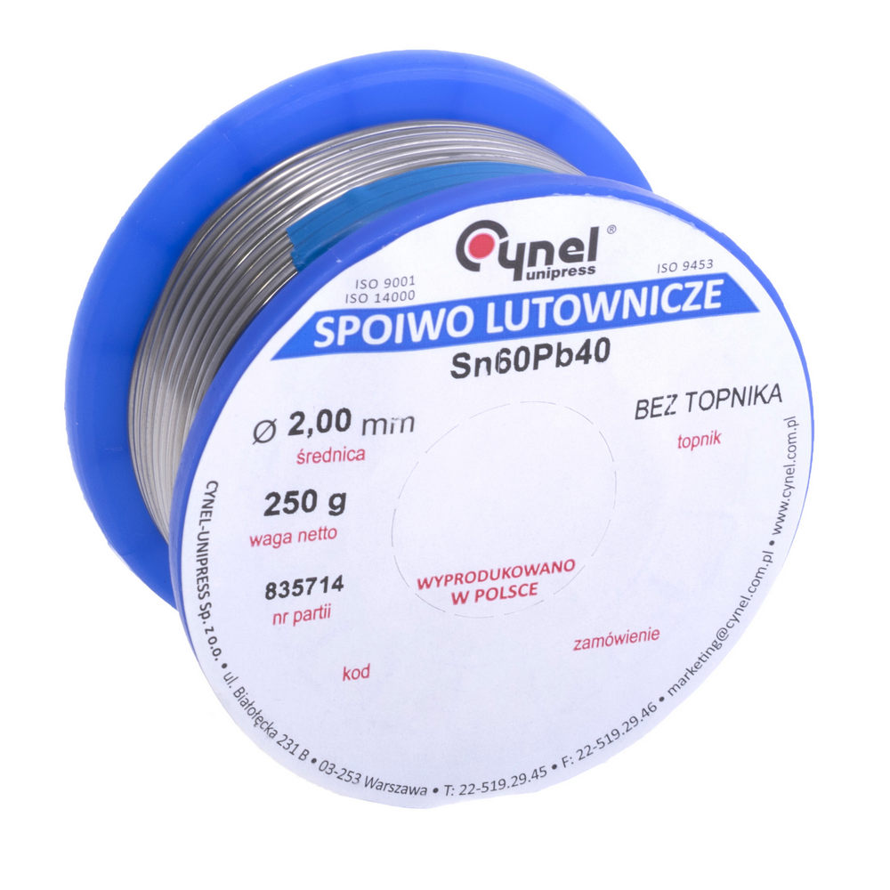 Дротяний припій, 2mm, 250g, без флюса, свинцевий, CYNEL Sn60Pb40-B/T Ø2.0, 250g