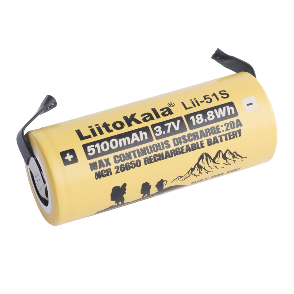 Li-Ion 5100mAh, 3,7V, 26650 LiitoKala літій-іонний аккумулятор з виводами Lii-51S-N