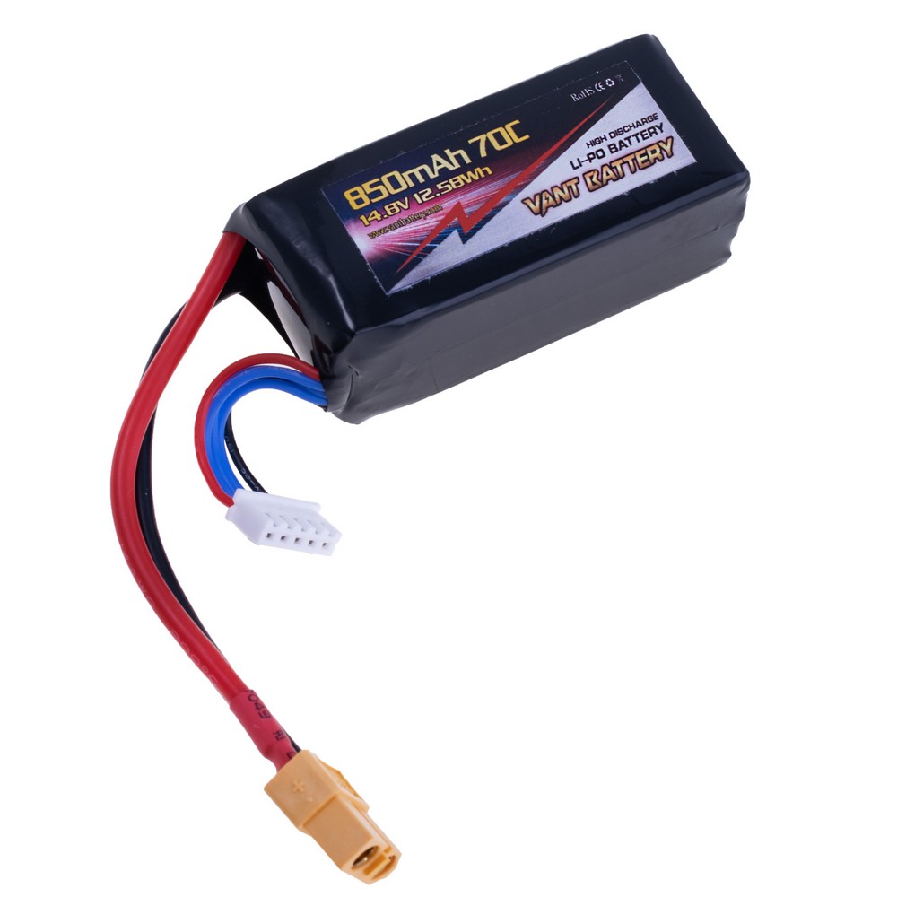 LiPo 850 mAh, 14,8V, 27x30x68мм VANT Battery акумулятор літій-полімерний 4S1P LI-PO 70C XT60