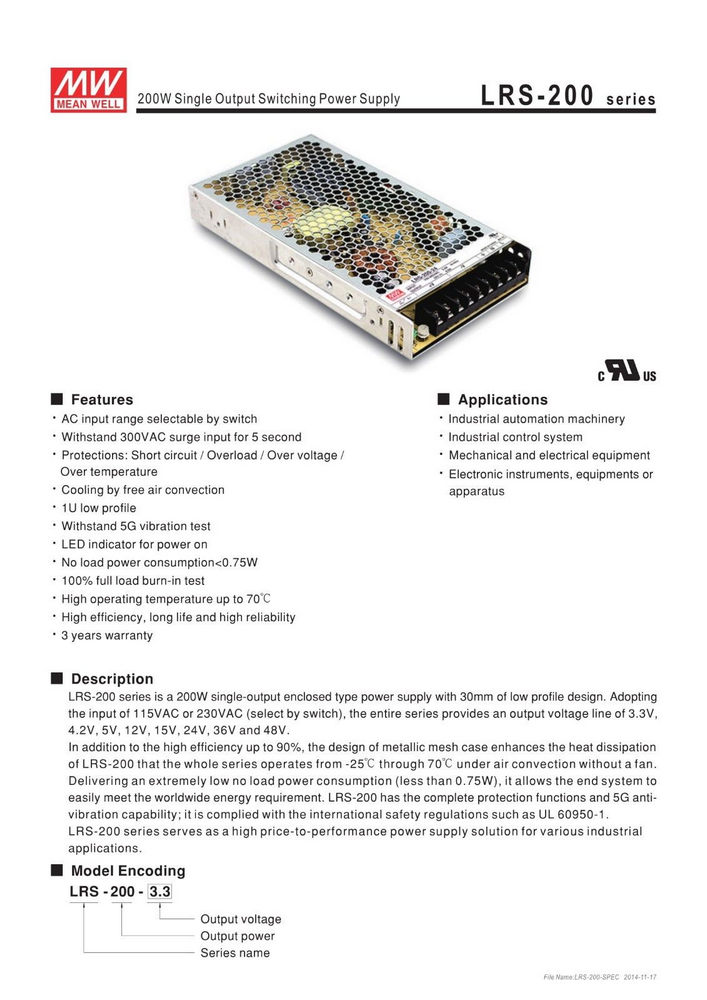 Блок живлення що вбудовується 200W 15V LRS-200-15