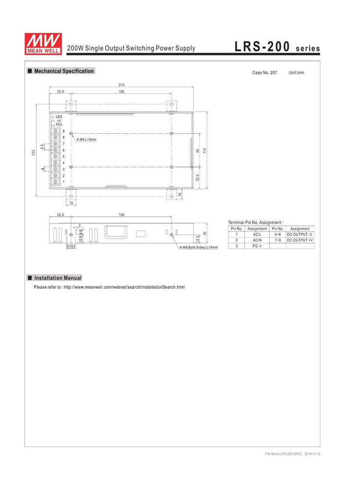 Блок живлення що вбудовується 200W 15V LRS-200-15