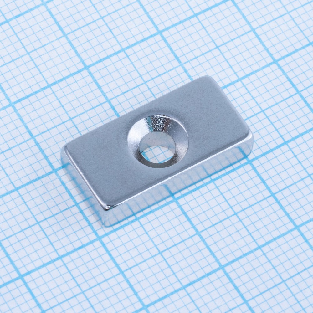 Магніт N38, NdFeB, Ni + Cu + Ni Block NdFeB Magnet with Countersunk, 20x10x5mm х d6,5/4