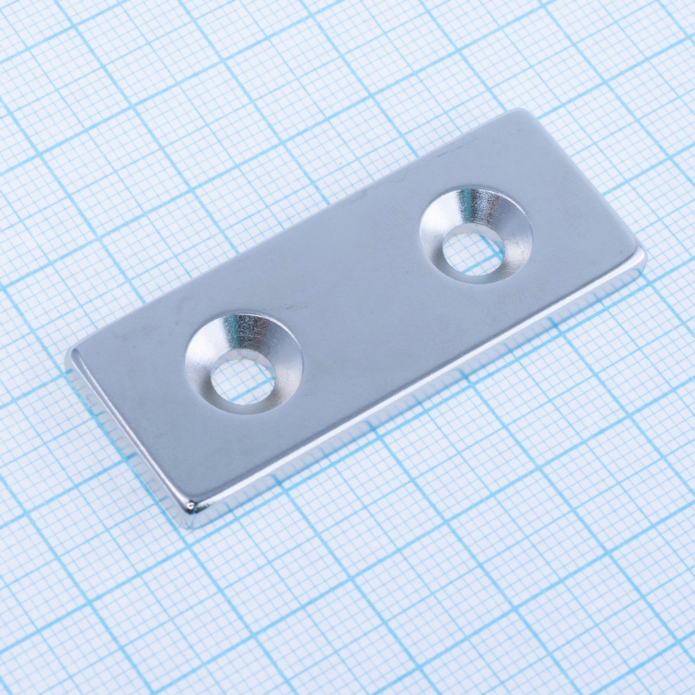 Магніт N38, NdFeB, Ni + Cu + Ni Block NdFeB Magnet with Countersunk, 50x20x4.5mm х d10/5,5X2