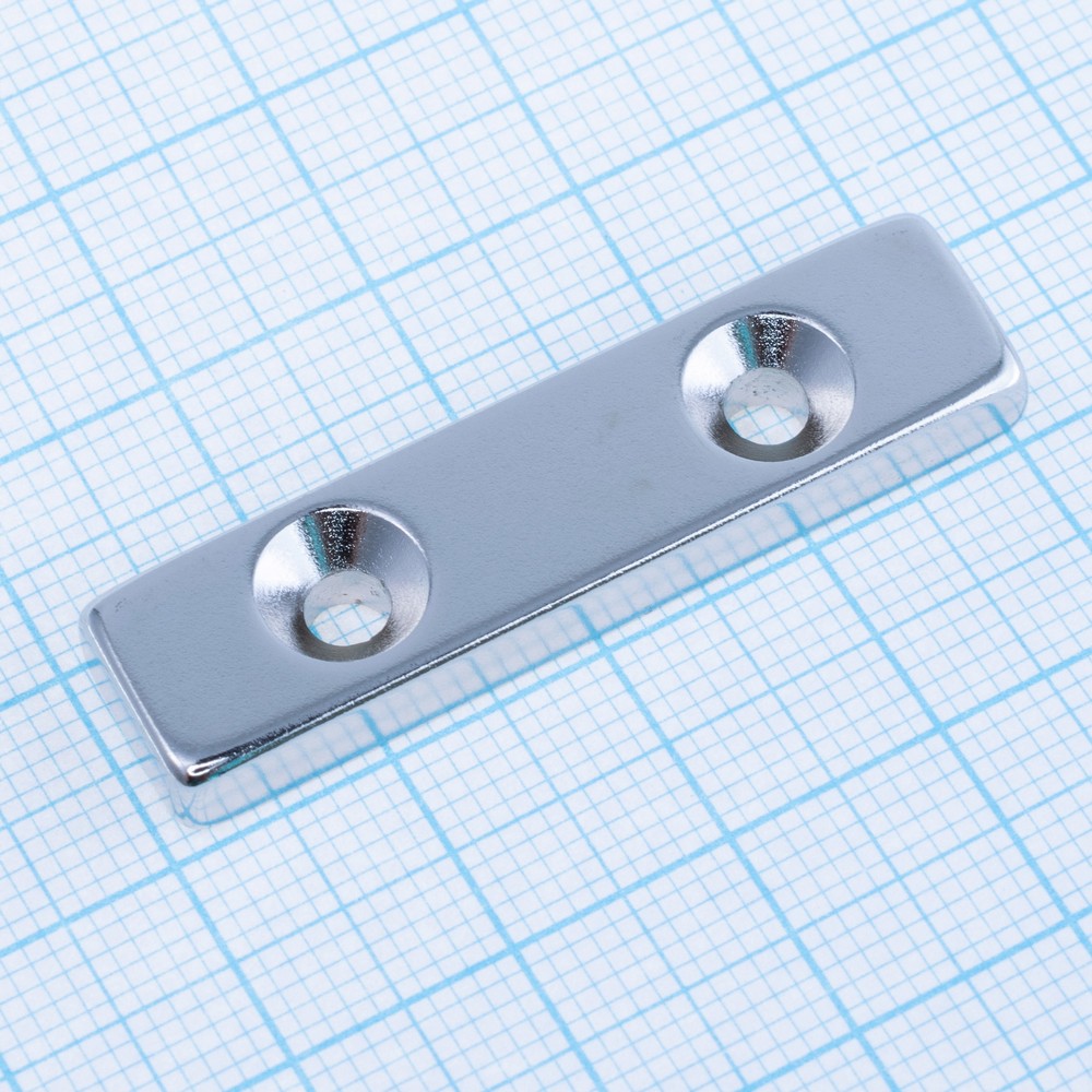 Магніт N38, NdFeB, Ni + Cu + Ni Block NdFeB Magnet with Countersunk, 40x10x5mm х d7/3,5X2