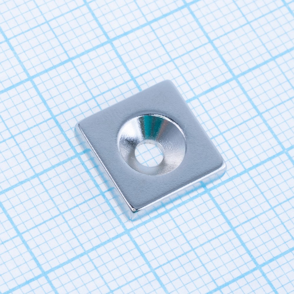 Магніт N38, NdFeB, Ni + Cu + Ni Block NdFeB Magnet with Countersunk, 12x12x3mm х d7/3