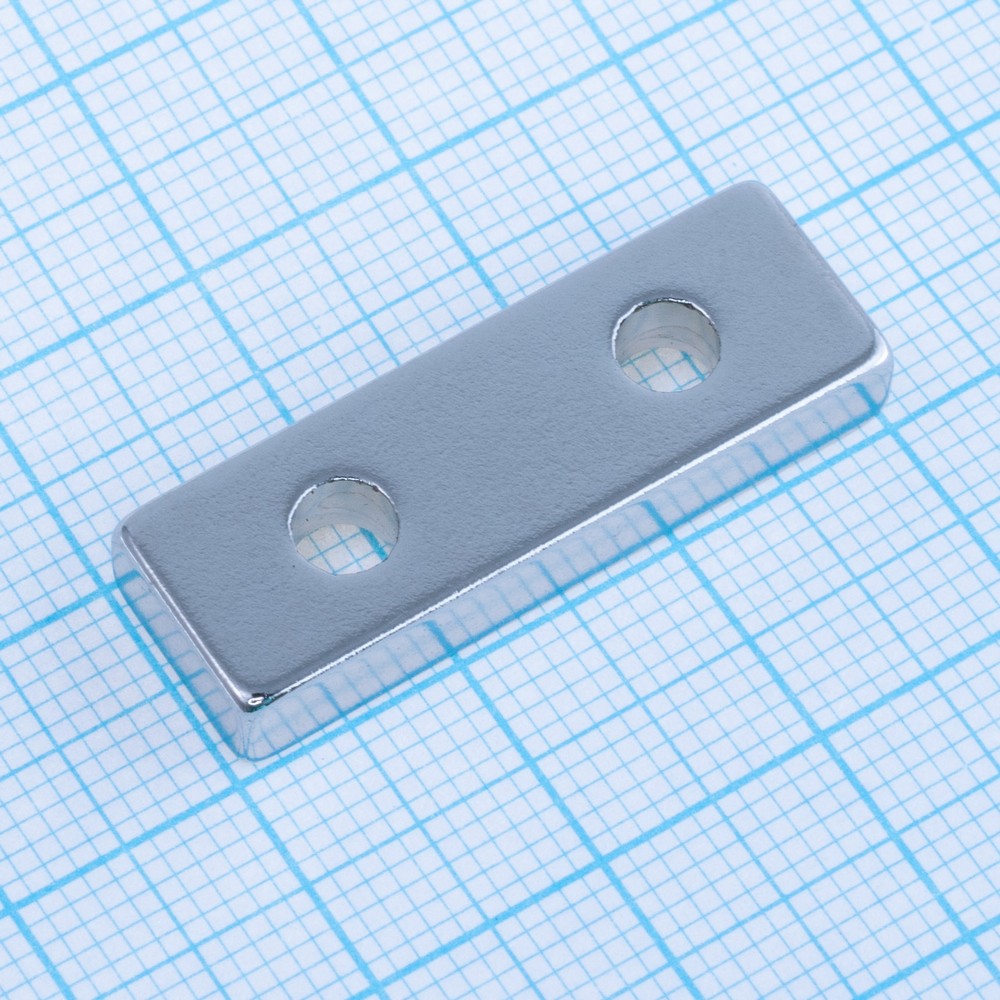 Магніт N38, NdFeB, Ni + Cu + Ni Block NdFeB Magnet with Countersunk, 30x10x5mm х d6,5/4 X2