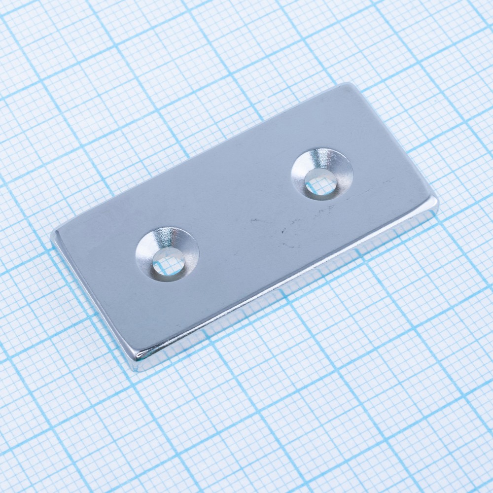 Магніт N38, NdFeB, Ni + Cu + Ni Block NdFeB Magnet with Countersunk, 40x20x4mm х d7/3,5X2