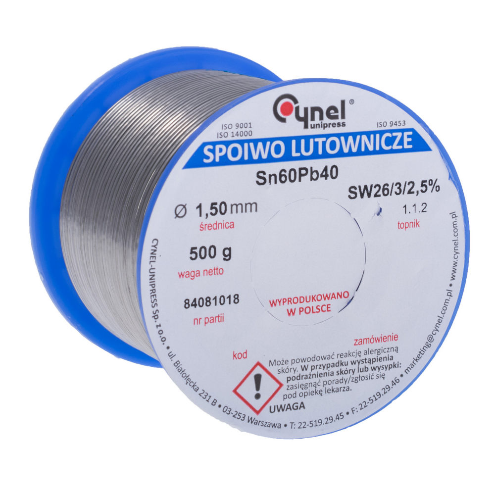 Дротяний припій, 1,5mm, 500g, з флюсом, свинцевий, CYNEL Sn60Pb40-SW26/2.5% Ø0 1.5, 500g