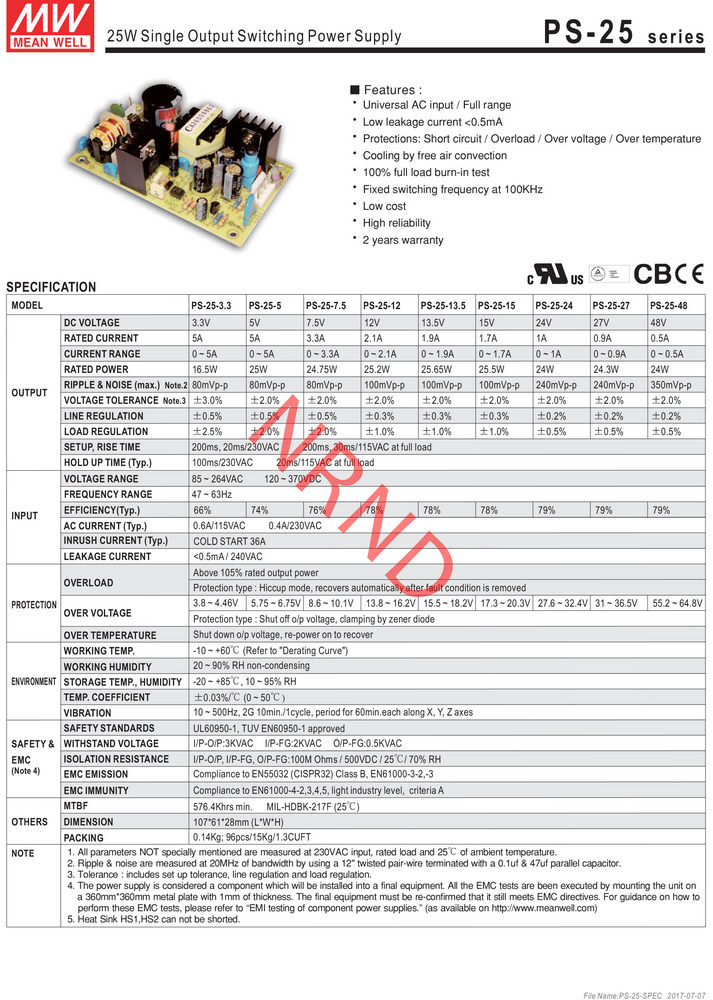 Блок живлення що вбудовується відкритий 25W 15V PS-25-15