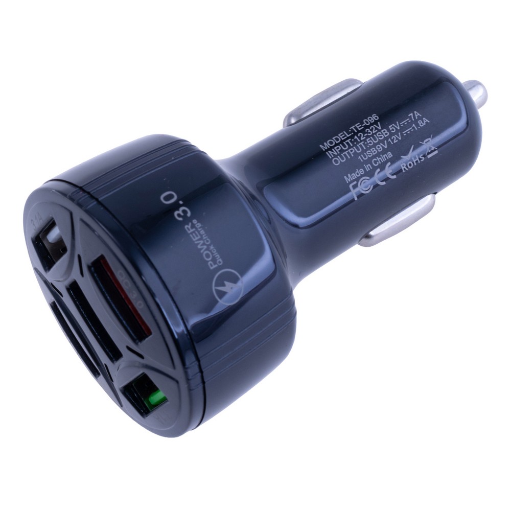 Універсальний зарядний пристрій QC3.0 4порта: 5V / 2.1A 1Порт: 9V-12V / 1.8A, 4 порти USB / чорний TE-096
