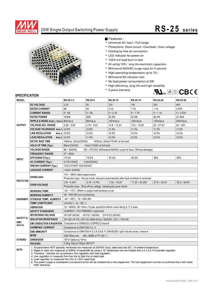 Блок живлення що вбудовується 25W 48V RS-25-48