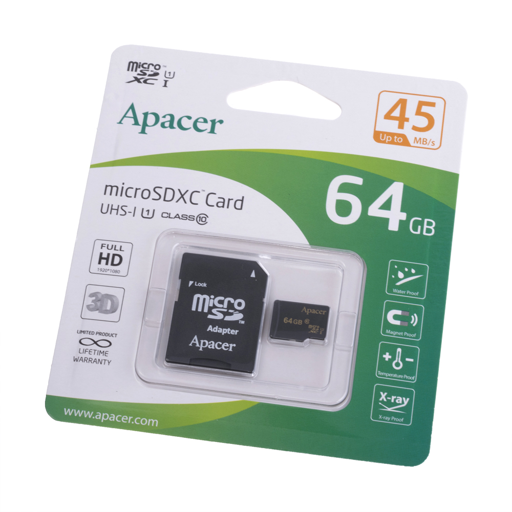Карта пам'яті microSDXC 64GB UHS-I U1 CLASS 10 +adapter, APACER Карта пам'яті microSDXC 64GB UHS-I U1 CLASS 10 +adapter, APACER