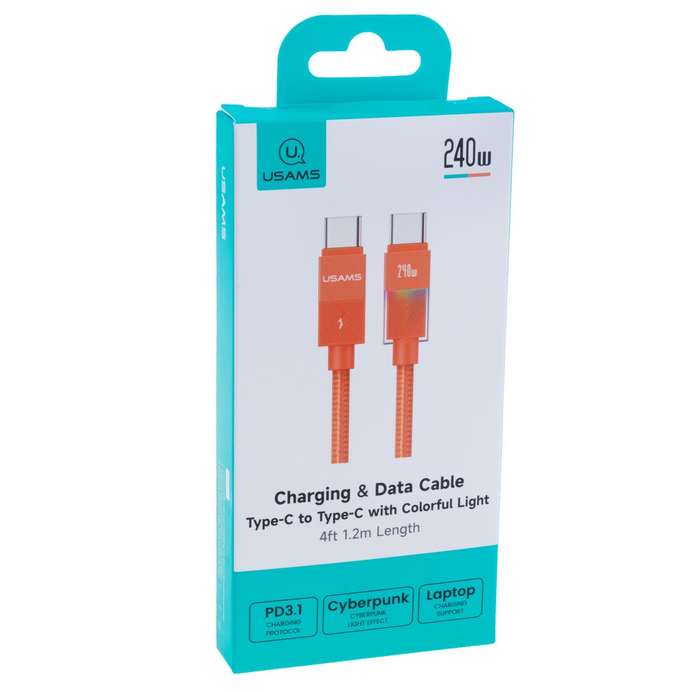 SJ775 U93 240W Charging & Data Cable C to C with Colorful Light (SJ775USB02 Orange – USAMS)