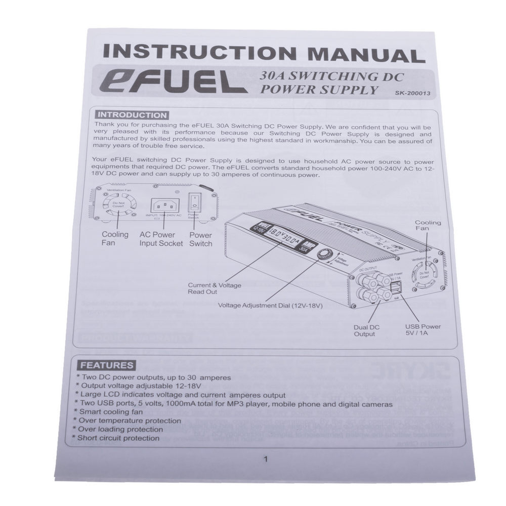 Перетворювач 220VAC/12VDC-регулюється до 18VDC (SkyRC eFuel 30A Power Supply, SK-200013, SkyRC) ОРИГІНАЛ!