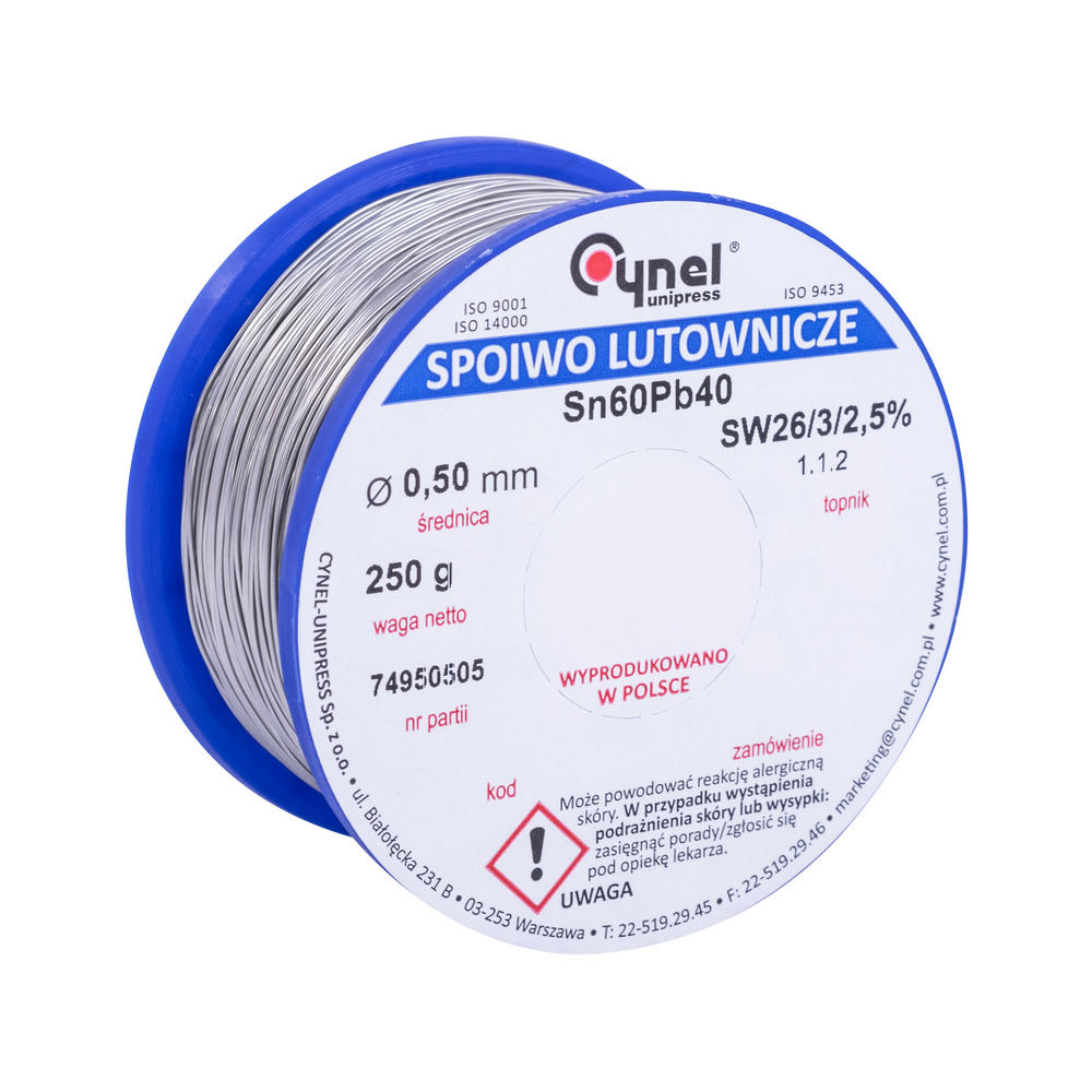 Дротяний припій, 0,5mm, 250g, з флюсом, свинцевий, CYNEL Sn60Pb40-SW26/2.5% Ø0.5, 250g