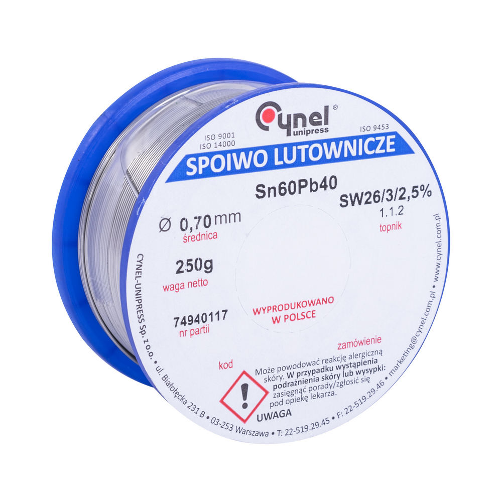 Дротяний припій, 0,7mm, 250g, з флюсом, свинцевий, CYNEL Sn60Pb40-SW26/2.5% Ø0.7, 250g