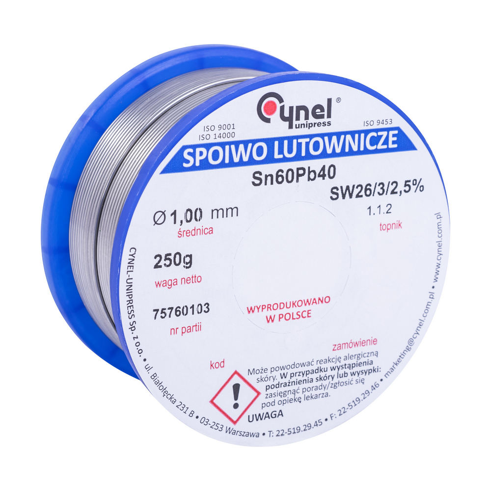 Дротяний припій, 1mm, 250g, з флюсом, свинцевий, CYNEL Sn60Pb40-SW26/2.5% Ø1.0, 250g