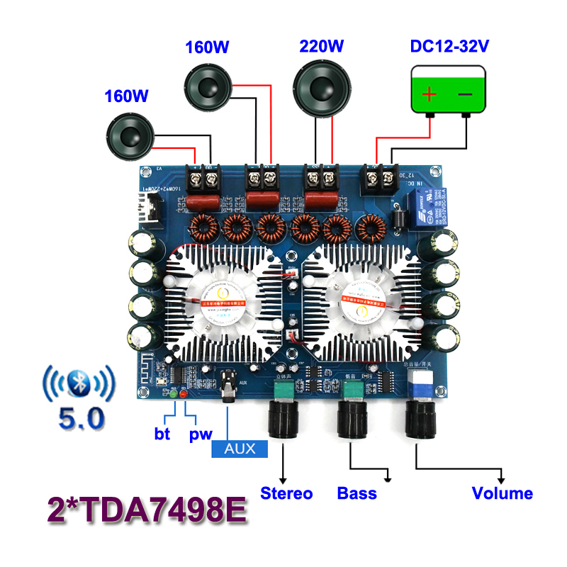 Цифровий підсилювач звукових частот (ПЗЧ) стерео 2.1 клас D на TDA7498E з Bluetooth 5.0, 2 * 160Вт + 1x220W Цифровий підсилювач звукових частот (ПЗЧ) стерео 2.1 клас D на TDA7498E з Bluetooth 5.0, 2 * 160Вт + 1x220W
