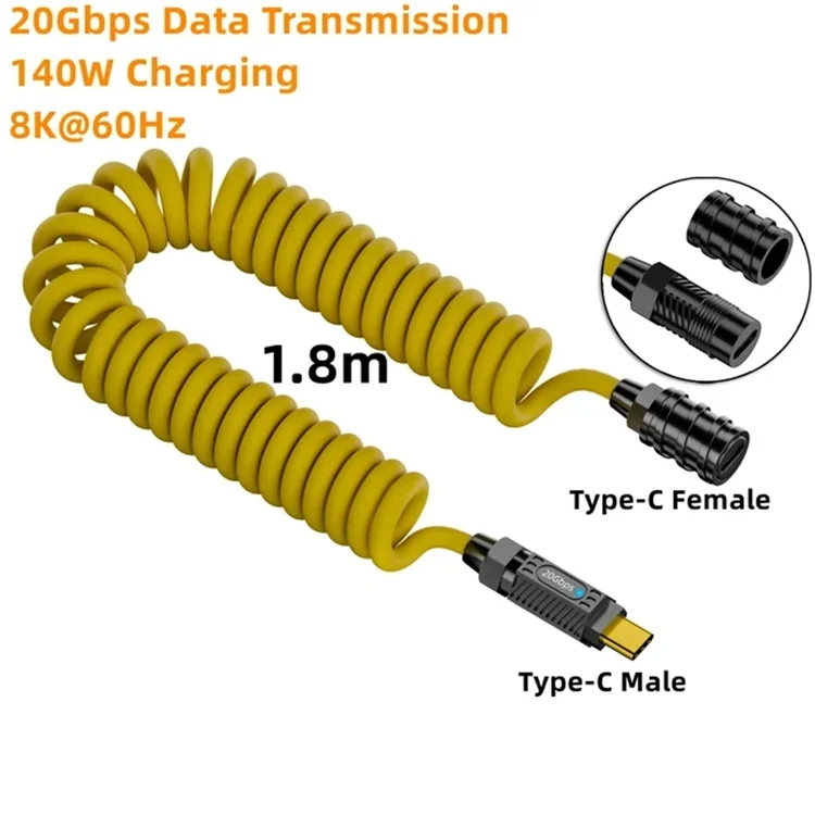 Провід USB type-C male / USB type-C female , спіральний PD140W 1м
