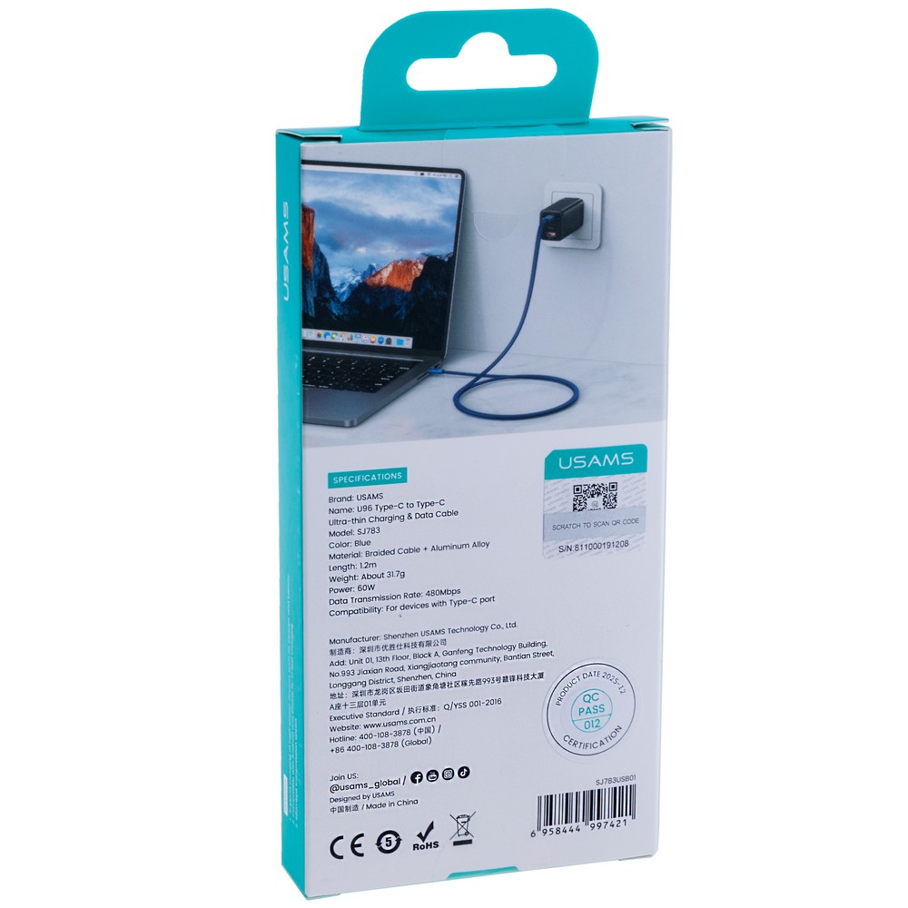SJ783 U96 60W Type-C to Type-C Ultra-thin Charging & Data Cable (SJ783USB01 Blue – USAMS)