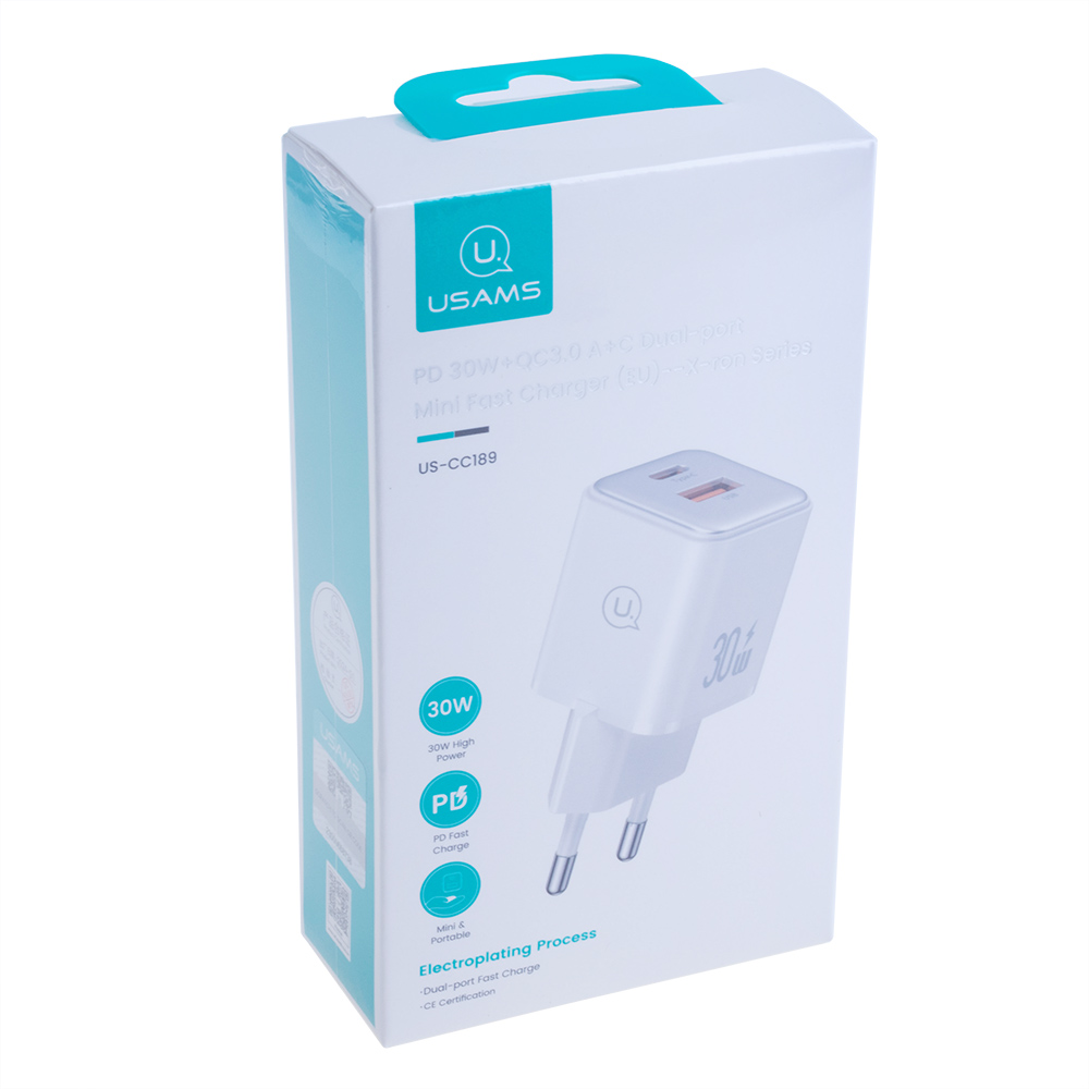 Зарядний пристрій білий US-CC189 PD30W+QC3.0 A+C Dual-port Fast Charger (white, EU)