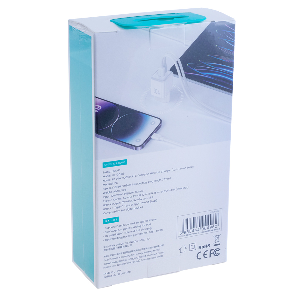 Зарядний пристрій білий US-CC189 PD30W+QC3.0 A+C Dual-port Fast Charger (white, EU)