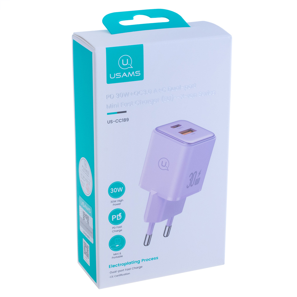 Зарядний пристрій фіолетовий US-CC189 PD30W+QC3.0 A+C Dual-port Fast Charger (purple, EU)