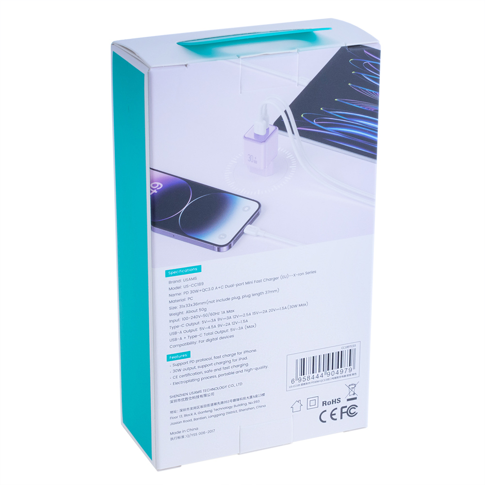 Зарядний пристрій фіолетовий US-CC189 PD30W+QC3.0 A+C Dual-port Fast Charger (purple, EU)