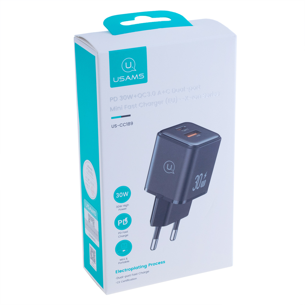 Зарядний пристрій чорний US-CC189 PD30W+QC3.0 A+C Dual-port Fast Charger (black, EU)