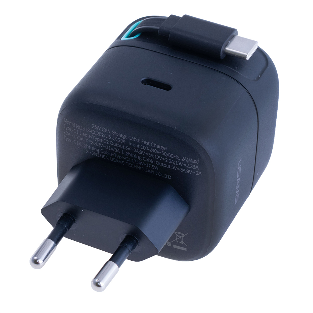Зарядний пристрій чорний US-CC202 PD35W Dual Port GaN Fast Charger With Type-C Magnetic Telescopic Cable (black, EU)
