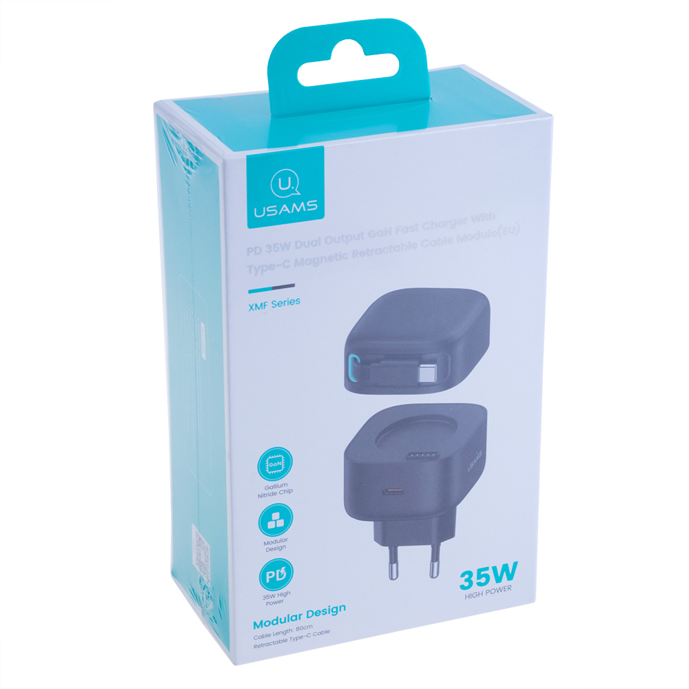 Зарядний пристрій чорний US-CC202 PD35W Dual Port GaN Fast Charger With Type-C Magnetic Telescopic Cable (black, EU)