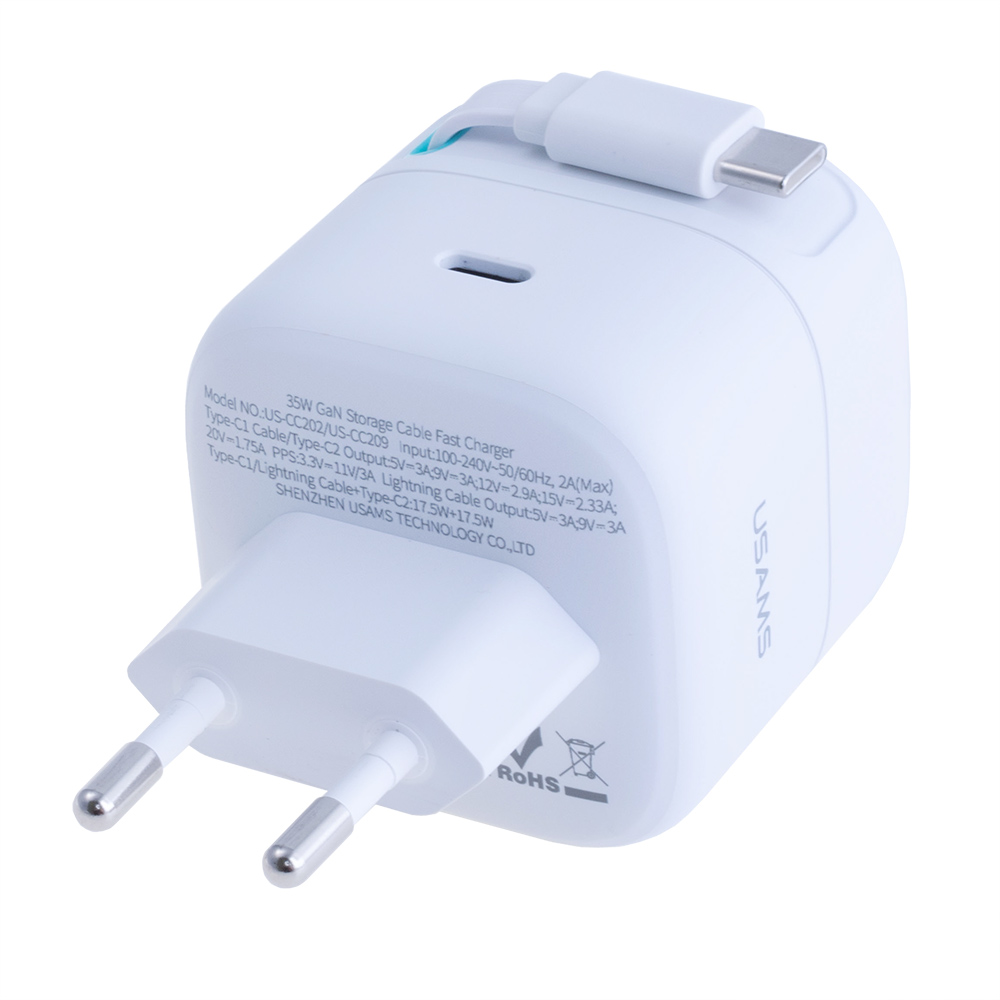 Зарядний пристрій білий US-CC202 PD35W Dual Port GaN Fast Charger With Type-C Magnetic Telescopic Cable (white, EU)